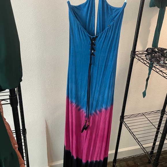 Sky blue, pink, and black Maxi Dress &feather tie - Picture 4 of 10